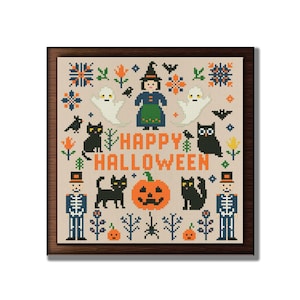 Halloween Cross Stitch Sampler Pattern PDF Spooky Needlepoint Chart Cute Crossstitch Holiday Embroidery Designs