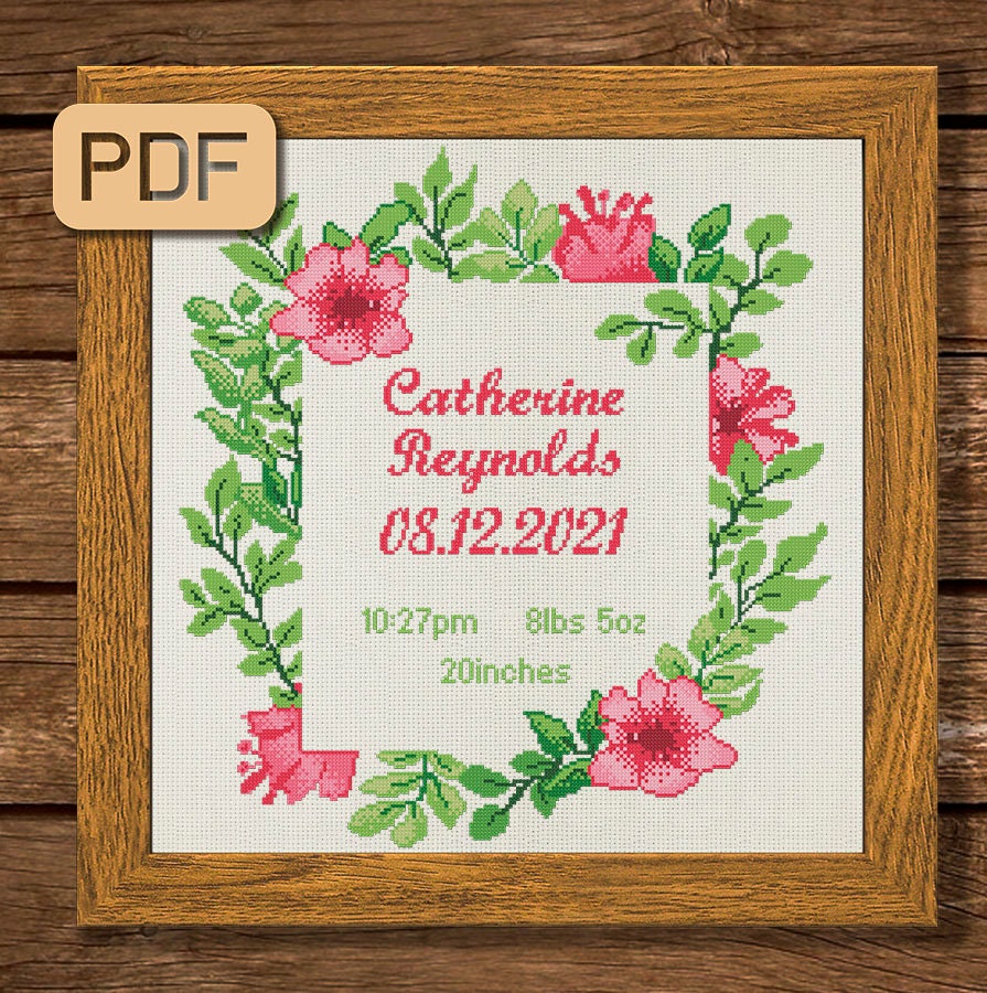 Birth Announcement Cross Stitch Pattern Floral Needlepoint Etsy