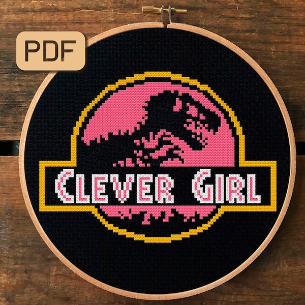 Cleveres Mädchen Kreuzstich Stickmuster: Jurassic Park PDF (Digitaler Download)