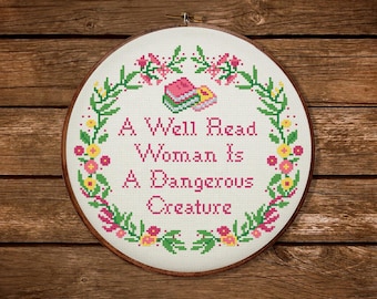 Well Read Woman Cross Stitch Pattern: Book Lover Embroidery Design (PDF Download)