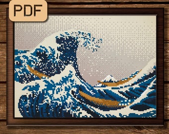Famous artwork cross stitch pattern Great wave off Kanagawa needlepoint pdf