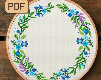 Floral Wreath Cross Stitch Pattern: Flower Border Design (PDF Pattern)
