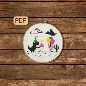 Birthday Dinosaur Cross Stitch Pattern, Funny T-Rex Crossstitch PDF, Happy Birthday Dino Embroidery Design, Instant Download