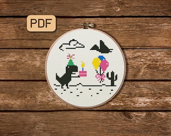 Funny Birthday Dinosaur Cross Stitch Pattern: T-Rex Embroidery (PDF Pattern)