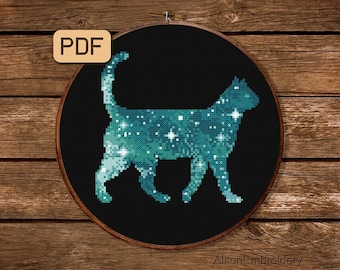 Cat Cross Stitch Pattern, Galaxy Crossstitch PDF, Animal Embroidery Design, Digital Download