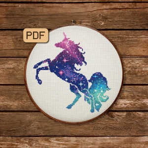 Galaxy Unicorn Cross Stitch Pattern, Counted Crossstitch PDF, Silhouette Unicorn Embroidery Design, Instant Download