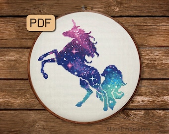 Galaxy Unicorn Cross Stitch Pattern, Counted Crossstitch PDF, Silhouette Unicorn Embroidery Design, Instant Download