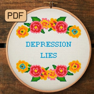 Funny cross stitch pattern Depression lies Mental health cross stitch pdf Instant download