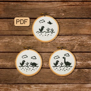 Set kruissteekpatronen kleine dinosaurus: grappig dino-borduurwerk (pdf)