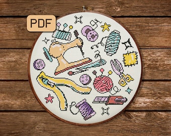 Sewing Theme Cross Stitch Pattern: Craft Needlework Design (PDF Download)