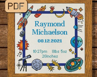 Space Birth Announcement Cross Stitch Pattern: Personalized Keepsake (PDF Pattern)