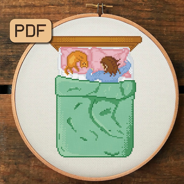 Nap time cross stitch pattern, Girl and cat needlepoint, Sleep cross stitch pattern pdf, Cute cross stitch design, Instant download