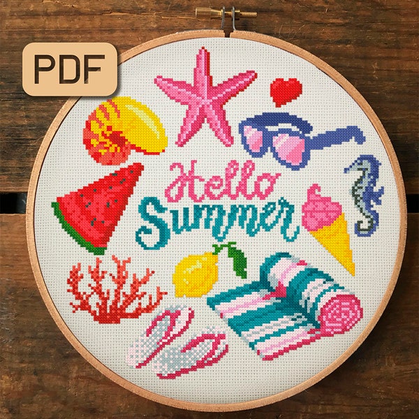 Hello Summer Cross Stitch Pattern, Funny Cross Stitch Design, Beach Cross Stitch Pattern PDF