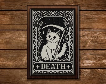 Funny Cat Tarot Cross Stitch Pattern: Gothic Grim Reaper Spooky Death Embroidery (PDF Design)