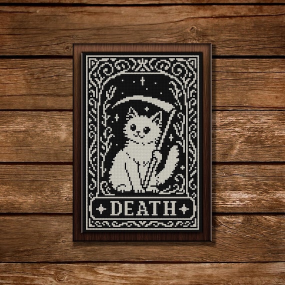 Funny Cat Tarot Cross Stitch Pattern: Gothic Grim Reaper Spooky Death Embroidery (PDF Design)