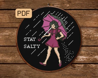 Patrón de punto de cruz Stay Salty, diseño de bordado divertido, PDF de punto de cruz de niña, descarga instantánea