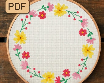 Floral Wreath Cross Stitch Pattern: Flower Border Embroidery (PDF)
