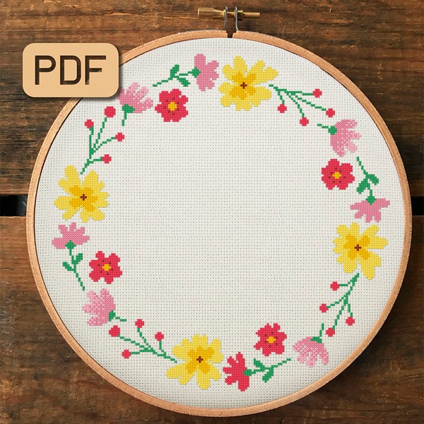 Floral wreath cross stitch pattern Flower border needlepoint pdf