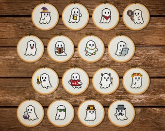 16 Small Ghost Cross Stitch Patterns Bundle: Funny Mini Halloween Embroidery Set (PDF Designs)
