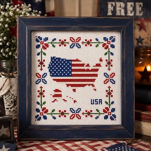 May include: A framed cross-stitch embroidery featuring a map of the United States filled with the American flag pattern. The design is surrounded by a floral border in red, white, blue, and green, with the text USA stitched in blue at the bottom right.