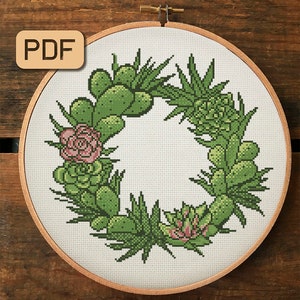 Cactus border cross stitch pattern Succulent needlepoint pdf