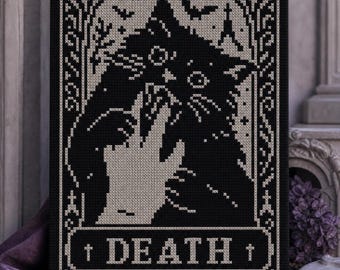 Spooky Cat Tarot Card Cross Stitch Pattern: Witchy Halloween Embroidery (PDF Pattern)