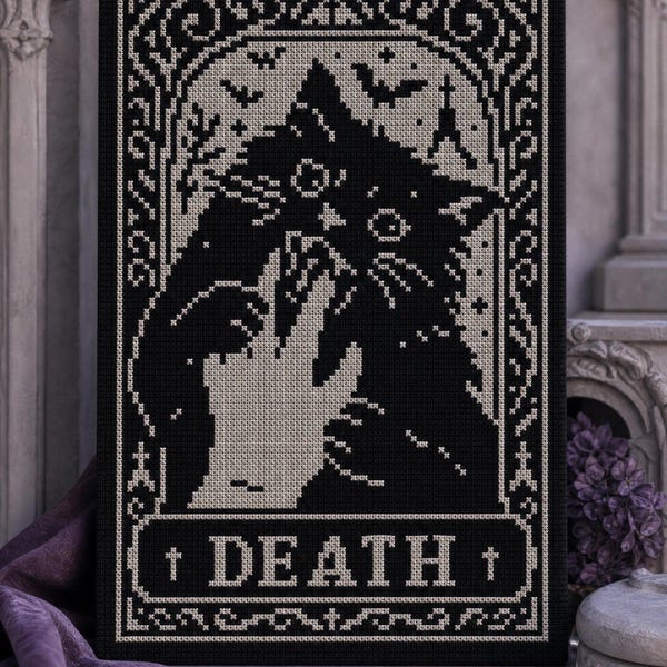Spooky Cat Tarot Card Cross Stitch Pattern: Witchy Halloween Embroidery (PDF Pattern)