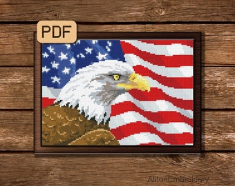 Patrón de punto de cruz de la bandera de EE. UU. con águila americana (descarga en PDF)