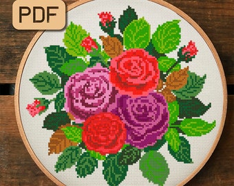 Roses cross stitch pattern Floral needlepoint pdf