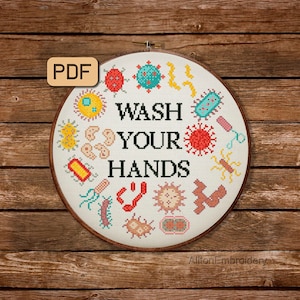 Was je handen kruissteekpatroon, microben kruissteek pdf, bacteriën xstitch-grafiek, virusborduurontwerp, Instant Download