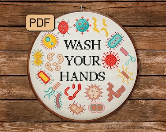 Wash Your Hands Cross Stitch Pattern, Microbes Crossstitch PDF, Bacteria Xstitch Chart, Virus Embroidery Design, Instant Download