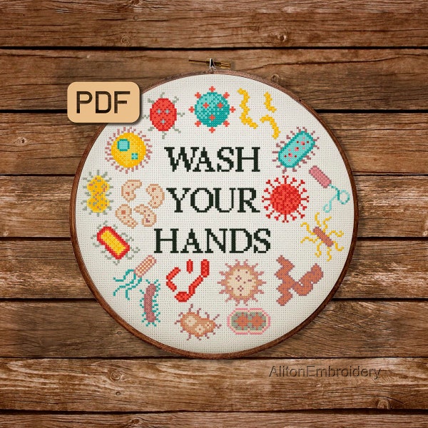 Lavez-vous les mains Cross Stitch Pattern, Microbes Crossstitch PDF, Bacteria Xstitch Chart, Virus Embroidery Design, Instant Download