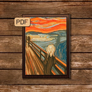 May include: Cross-stitch pattern of Edvard Munch's The Scream, a famous painting depicting a person with a distorted face screaming with their hands over their ears, against a swirling, red and orange sky.