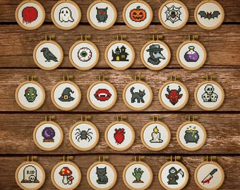 28 Tiny Halloween Cross Stitch Patterns Set: Spooky Gothic Mini Xstitch Bundle (PDF Designs)