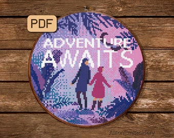 Adventure Awaits Cross Stitch Pattern, Nature Crossstitch PDF, Landscape Embroidery Design, Instant Download