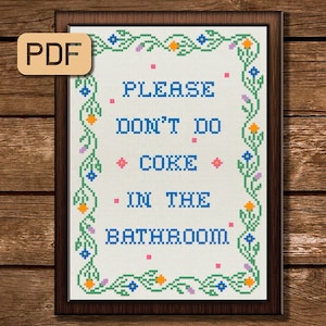 Funny Bathroom Cross Stitch Pattern Please Don&#39;t Do Coke Cross Stitch PDF Toilet Embroidery Design Instant Download