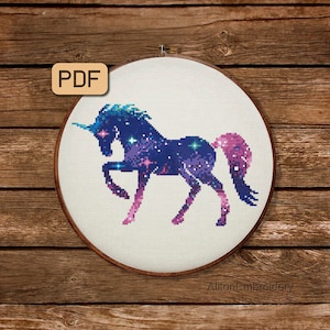 Galaxy Unicorn Cross Stitch Pattern, Magical Animal Embroidery Design, Silhouette Unicorn Crossstitch PDF, Instant Download