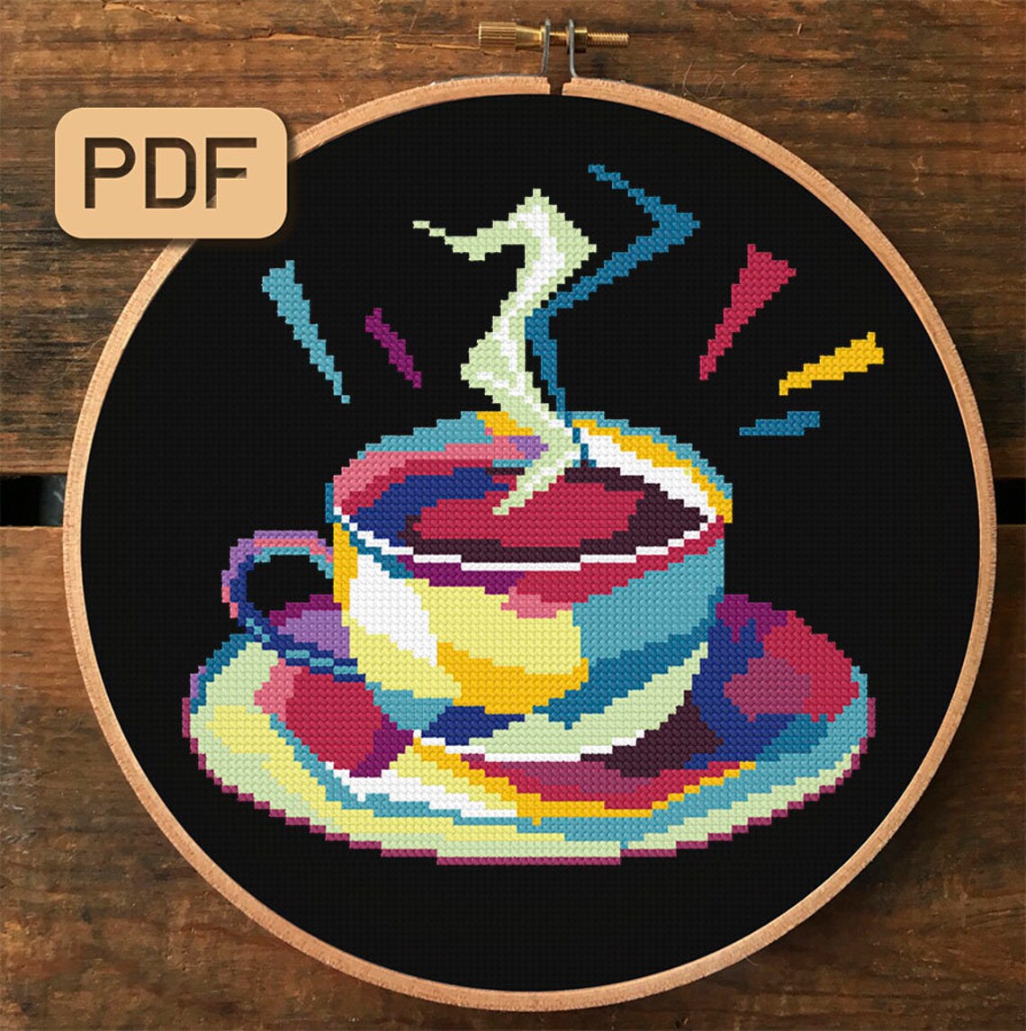 Coffee Cup Cross Stitch Pattern Colorful Needlepoint Teacup Etsy