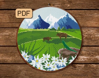 Landscape Cross Stitch Pattern, Nature Crossstitch PDF, Scenery Xstitch, Mountain Embroidery Design, Instant Download