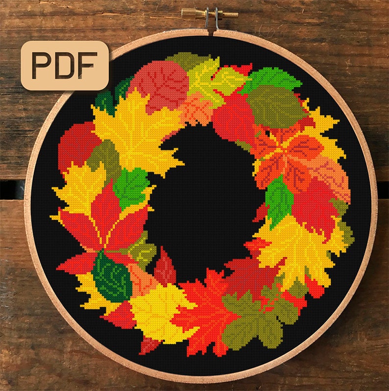 Fall Wreath Cross Stitch Pattern Autumn Needlepoint Fall Leaves Cross ...