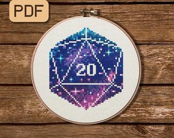 Galaxy D20 Dice Cross Stitch Pattern: D&D Needlepoint (PDF)
