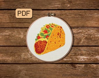 Patrón de punto de cruz de tacos, gráfico de bordado de comida mexicana en PDF, descarga instantánea