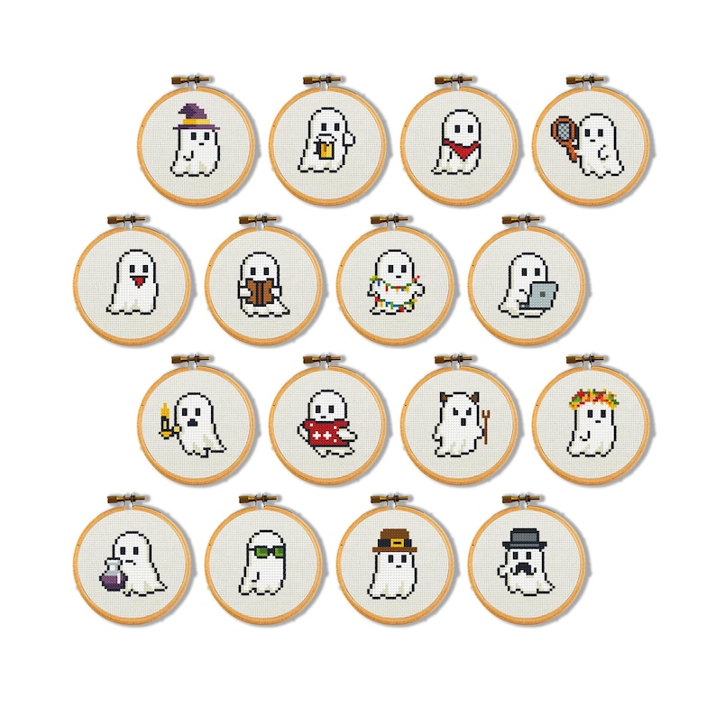 16 Small Ghost Cross Stitch Patterns Bundle: Funny Mini Halloween ...
