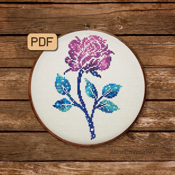 Galaxy Rose Cross Stitch Pattern, Flower Crossstitch PDF, Floral Embroidery Design, Digital download