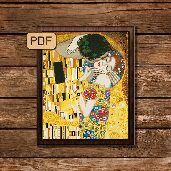 クリムトの「接吻」クロスステッチ図案：ファインアート刺繍（PDF図案