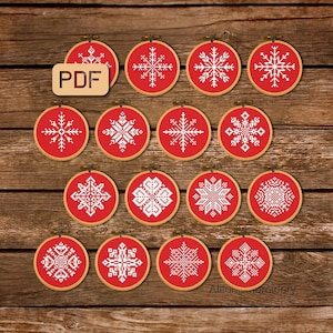 May include: A set of 15 red and white snowflake cross stitch patterns in PDF format. The patterns are perfect for holiday decorating or gifts.