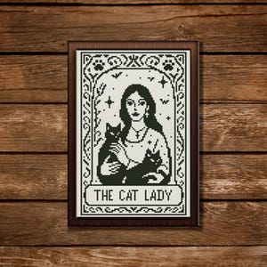 May include: A framed cross-stitch featuring a woman holding two black cats. The design is in black and white, with the text "THE CAT LADY" at the bottom. The frame is dark brown, and the background is a wooden surface.