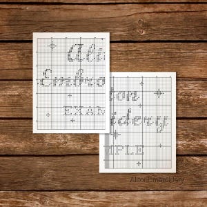 Puede incluir: Dos gr&aacute;ficos rectangulares blancos de punto de cruz con l&iacute;neas de cuadr&iacute;cula y s&iacute;mbolos negros. Los gr&aacute;ficos muestran texto que incluye las palabras Aliton Embroidery, con varios s&iacute;mbolos peque&ntilde;os de estrellas y formas geom&eacute;tricas.