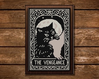 Black Cat Tarot Cross Stitch Pattern: Funny Spooky Gothic Embroidery (PDF Design)