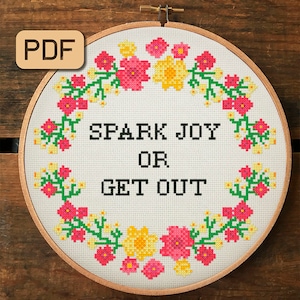 Modern cross stitch pattern, Spark joy or get out Funny cross stitch pdf Instant download